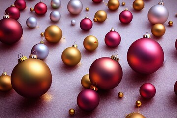 Merry Christmas background, festive xmas balls baubles decorations creative illustration, Happy New Year trendy winter decor card backdrop concept.