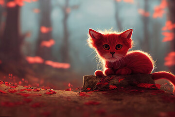 Un piccolo gatto rosso in una foresta in autunno - obrazy, fototapety, plakaty
