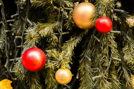 Close-up of a decorated Christmas tree with Christmas balls