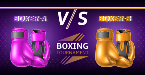 Boxing gloves poster. Realistic fight sport accessories, vs banner, different colors opponents, champion title fight, invitational promotional illustration for tournament utter vector concept