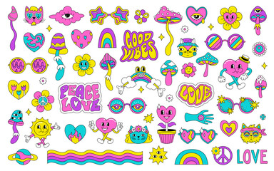 A set of bright children's stickers in the hippie style of the 60s, 70s. Psychedelic acid drawings. Girl patches