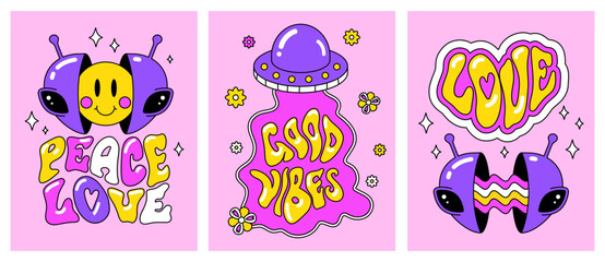 Fototapeta premium A set of bright retro postcards in the style of hippies and UFOs. Peace and love, good vibes! Girl stickers, patches
