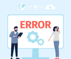 Computer software error message. Confusion people frustration near pc. 404 mistake, screen breakdown or operational failure. Internet trouble recent vector concept