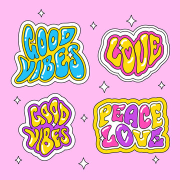 Fototapeta A set of cartoon inscriptions in the hippie style. Peace and love, good vibes. Children's vintage stickers. bright lettering