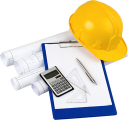 Construction Plans, Calculator, Setquares, Pen, Safety Helmet And Notepad - Isolated