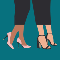 Shoe, boots, footwear. Women, female, girls shoes. Feet, legs walking in elegant closed toe high heel shoes pump and colored print socks. Fashion style shoe. Color Isolated flat. Vector illustration.
