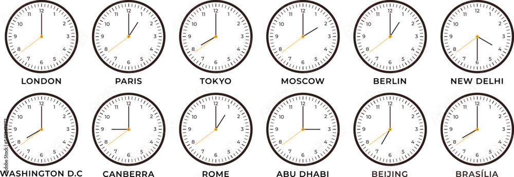 Wall mural world clocks icons. london tokyo time on watch, international clock design. different hours wall wat