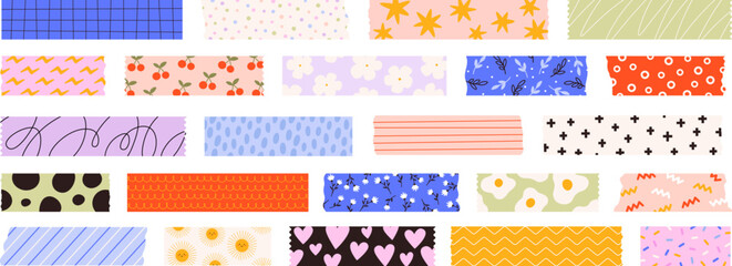 Washi tapes collection. Colourful scrapbook stripes, sticky label tags and decorative scotch strip. Border elements, paper sticker tape racy vector design - obrazy, fototapety, plakaty