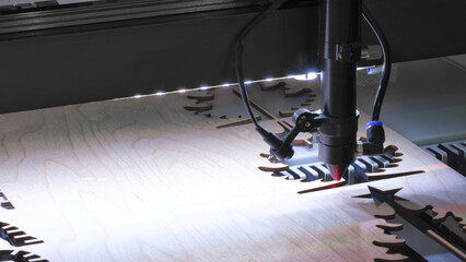 Laser machine is cutting an image on a flat wooden sheet plywood ot steel in a university