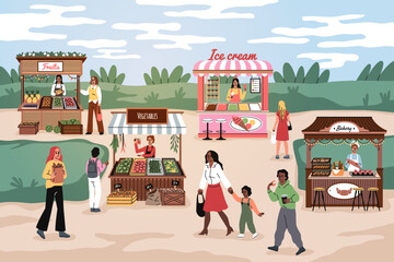 Obraz na płótnie Canvas Street markets people. Happy shoppers walk between stalls, cute sellers with products, food booths, vegetables and fruits, ice cream and bakery, family in park, tidy vector cartoon concept