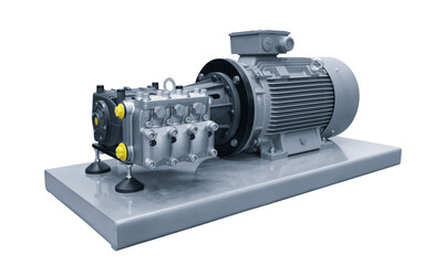 Industrial high-pressure water pump with electric motor drive Isolated on white background.