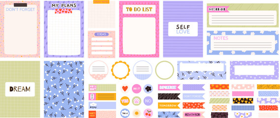 Diary elements, pages and funny stickers collection. Children organize cards, notebook covers and washi tapes. Sticky pads for name, racy personal diary vector set