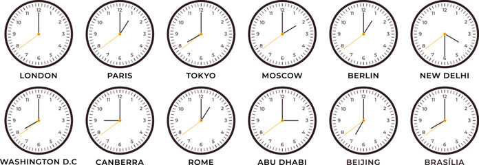 World clocks icons. London tokyo time on watch, international clock design. Different hours wall watches faces, global business graphic racy vector elements