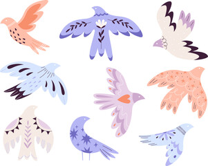 Decorative contemporary folk abstract birds. Birdy floral shapes, flying bird graphic silhouette. Peace dove, simple nature shapes. Racy scandinavian vector design