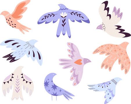 Fototapeta Decorative contemporary folk abstract birds. Birdy floral shapes, flying bird graphic silhouette. Peace dove, simple nature shapes. Racy scandinavian vector design