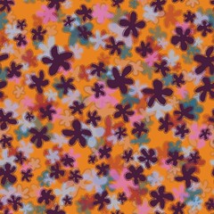 Trendy fabric pattern with hand drawn miniature colorful,lilac flowers on yellow background.Motif scattered random with layering effect.Template for fashion print,fashion textile,fabric,wrapping paper