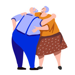 Old man and a old woman are elderly citizens, pensioners, husband and wife dancing together. Love, fun, date, couple, romance, dance concept. Romantic atmosphere and joint rest.