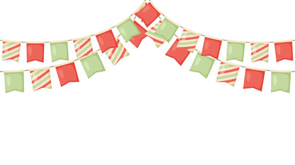 Celebration flag garland bunting. Red, green, beige pennants chain. Party flags decoration for wedding, birthday, baby shower, bridal shower, Christmas. Footer or banner background