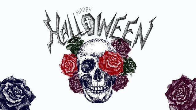 Happy Halloween lettering, calligraphy and skull with roses. Congratulatory video. Human skull and stylized Halloween font. Looped animation