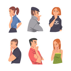 Thoughtful Man and Woman Character Scratching Head Thinking and Considering Something Vector Set