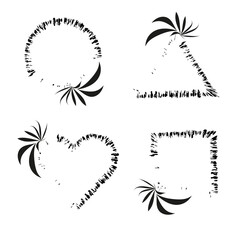 Set of frames of different shapes with grunge texture and palm leaves. Trendy design with brush strokes. Isolated on a white background. Vector.