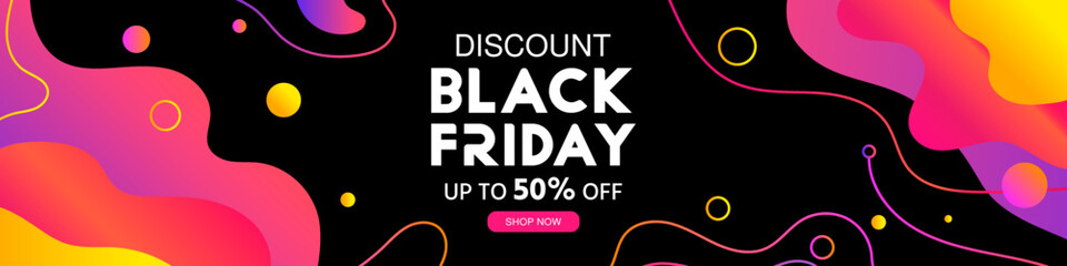 Discount. Black friday sale banner template. Abstract trendy background gradient fluid with lines of geometric shapes and circles of dynamic shapes. Sale up to 50% off. Banner vector illustration.