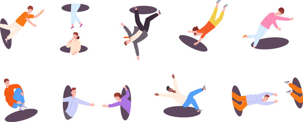 Fototapeta na wymiar People coming holes. Enthusiastic man and woman jump or looks in hole, fall person over floor man hole, enthusiast come inside unbelievable teleport coming out, vector illustration