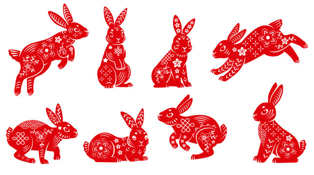 Lunar oriental rabbits. New 2023 chinese year of rabbit floral bunny silhouette, paper cut zodiac symbol hare horoscope gong asian cai seasons culture ingenious vector illustration
