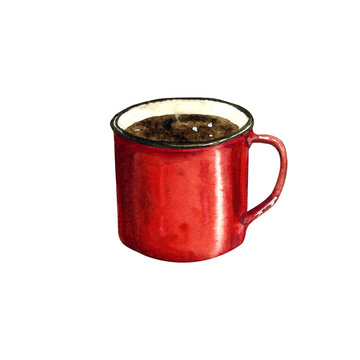 Watercolor red mug with coffee