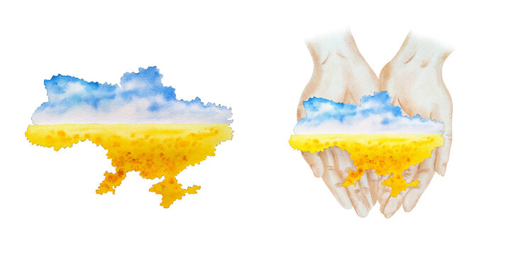 Watercolor handpainted illustration of open hands with map of Ukraine