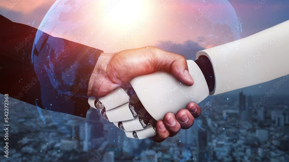 Poster 3d rendering hominoid robot handshake to collaborate future technology development by ai thinking br