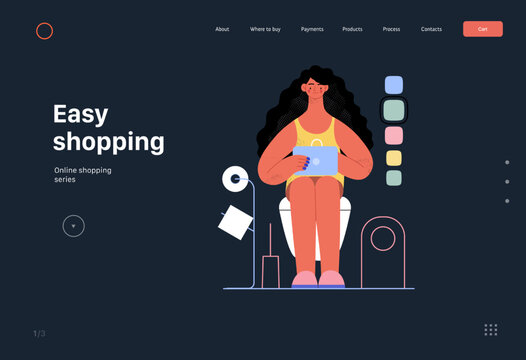 Easy shopping -Online shopping and electronic commerce web template - modern flat vector concept illustration of a woman in toilet shopping online. Promotion, discounts, sale and online orders concept
