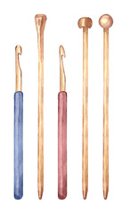 Wooden knitting needles and crochet hooks. Watercolor hand drawn illustration isolated on  transparent.