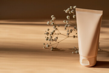 Unbranded white squeeze cosmetic cream bottle tube and dry gypsophila flower on beige background with harsh shadows. Natural oranic spa cosmetics concept. Mockup, template, front view