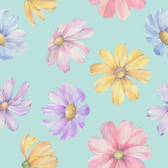 Floral seamless pattern. Colorful botanical background of digitally processed watercolor flowers.