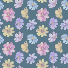 Colorful botanical background of digitally processed watercolor flowers. Floral seamless pattern.