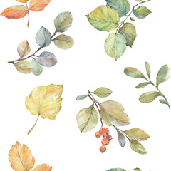 Abstract botanical background for design, print, wallpaper, wrapping paper. Seamless watercolor pattern of autumn leaves.