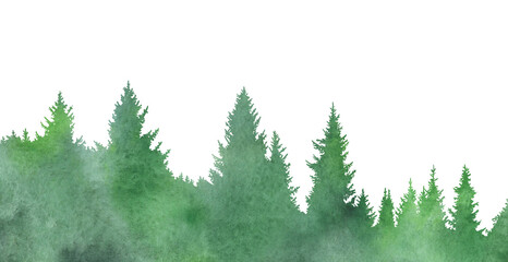 Coniferous forest silhouette on a green watercolor background.