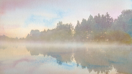 Fog in the early morning. Dawn by the river.