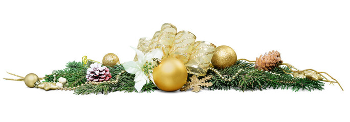Christmas decorations with  tree branches and  baubles  isolated on white background