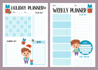 Holiday male planner set. Weekly organizer, month calendar, plan, to-do, shopping list, habit tracker and notes with cute boy. Vector vertical template for New Year, Christmas, festive design.