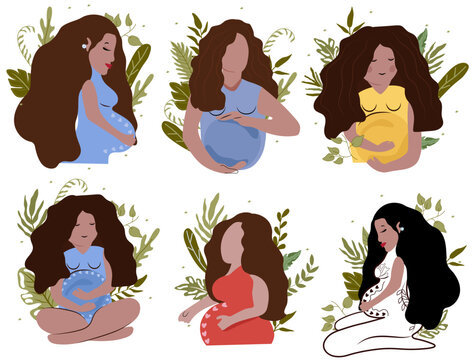 Happy pregnant woman on the background of flowers and leaves. Collection of pregnant woman. Female character in flat style. Concept motherhood, health and pregnant. Vector illustration