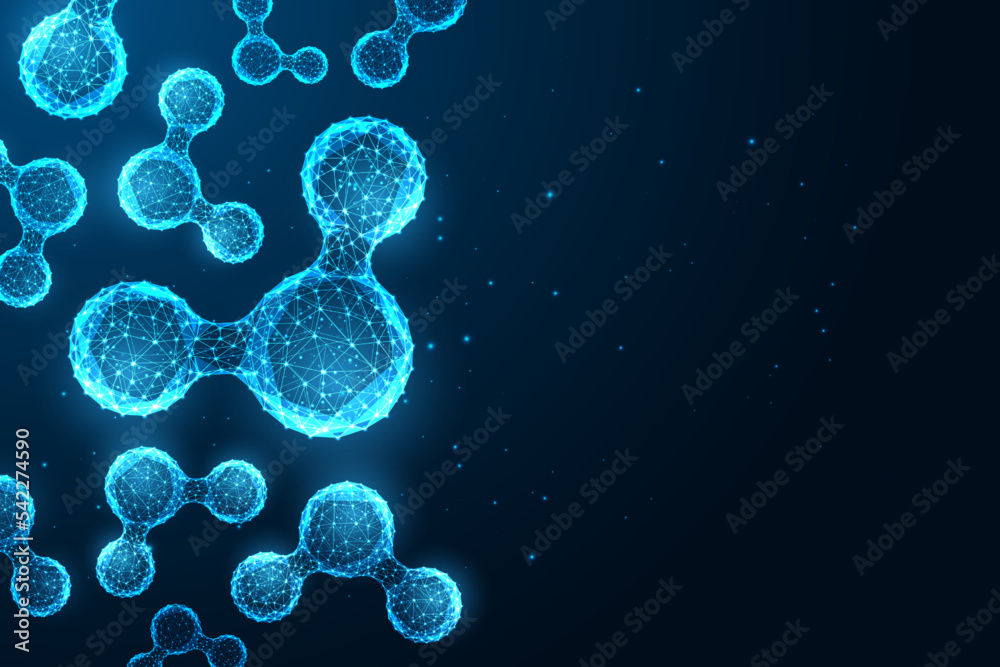 Wall mural water molecules science banner with copy space to add text in futuristic glowing style on dark blue