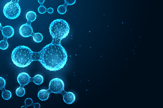 Water molecules science banner with copy space to add text in futuristic glowing style on dark blue 
