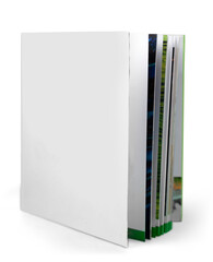 Blank Folder with magazines inside standing isolated on white