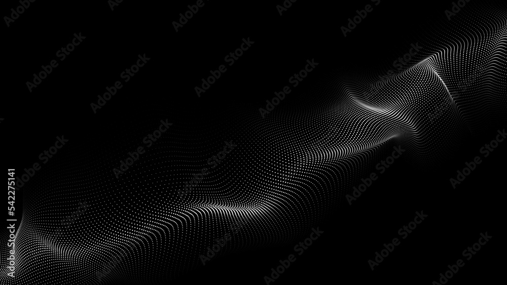 Poster a moving digital 3d wave. futuristic dark background with dynamic white particles. the concept of bi