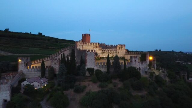 Aerial drone footage of the medieval Soave Castle in Soave, Veneto, Italy