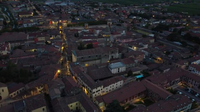 Aerial drone footage of the cityscape of Soave, Veneto, Italy