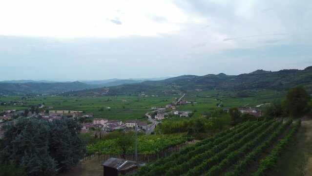 Aerial drone footage of the cityscape of Soave, Veneto, Italy