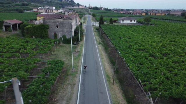 Aerial drone footage of a street in Soave, Veneto, Italy